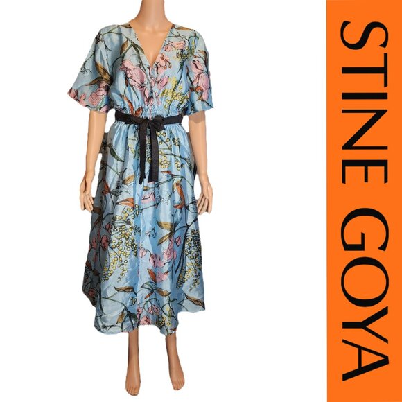 Stine Goya V-Neck Waist Tie Midi Dress NWT Blue Med- Hole in Bust - Picture 1 of 15